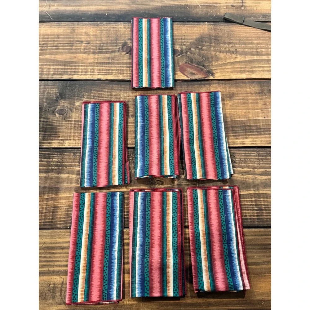 Vintage Striped Cloth Napkins Set of 7 Pink‎ Teal Blue Ikat Boho 16x16.5 Western